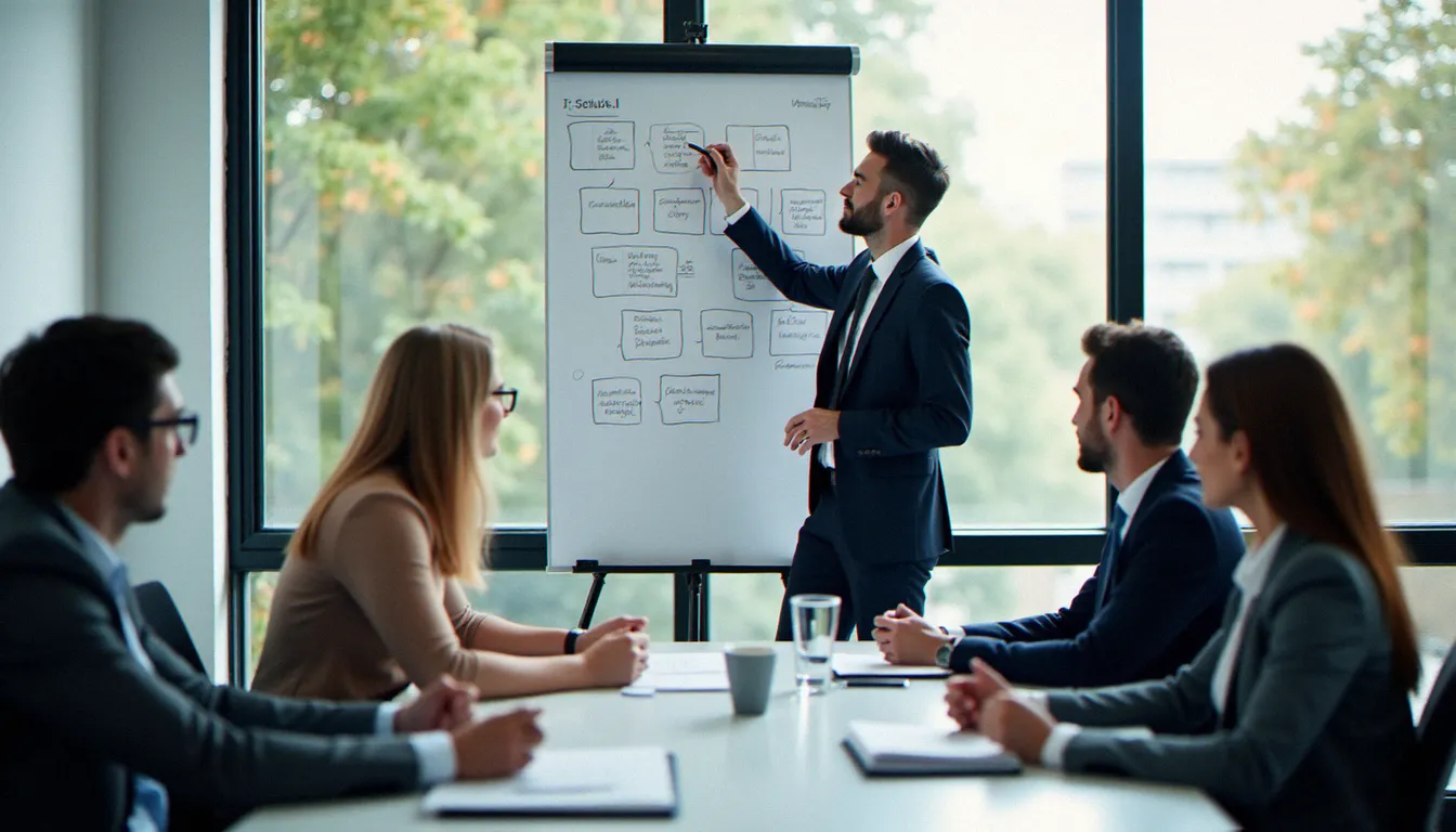 Équipe de professionnels en atelier de pré-mortem pour identifier les effets secondaires potentiels d'un projet avant son lancement