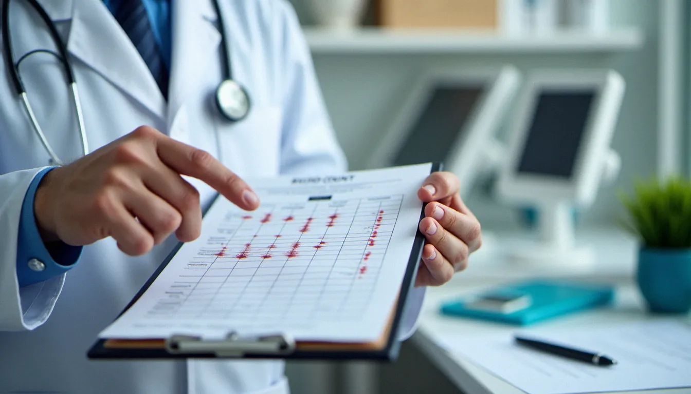 Un médecin oncologue explique les résultats hématologiques liés aux effets secondaires de la chimiothérapie lors d'une consultation