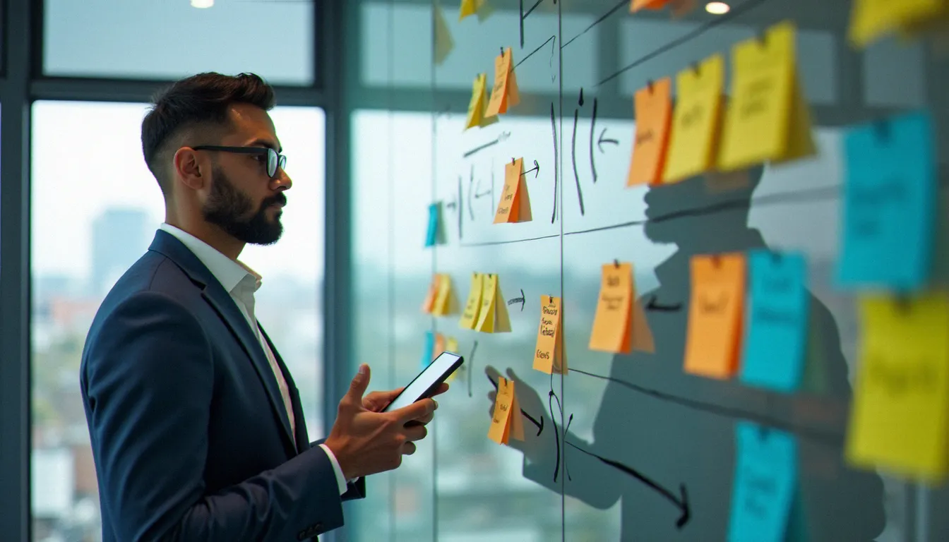 Consultant cartographiant les dépendances organisationnelles sur un tableau de post-its dans le cadre d'une gestion des effets secondaires de projet