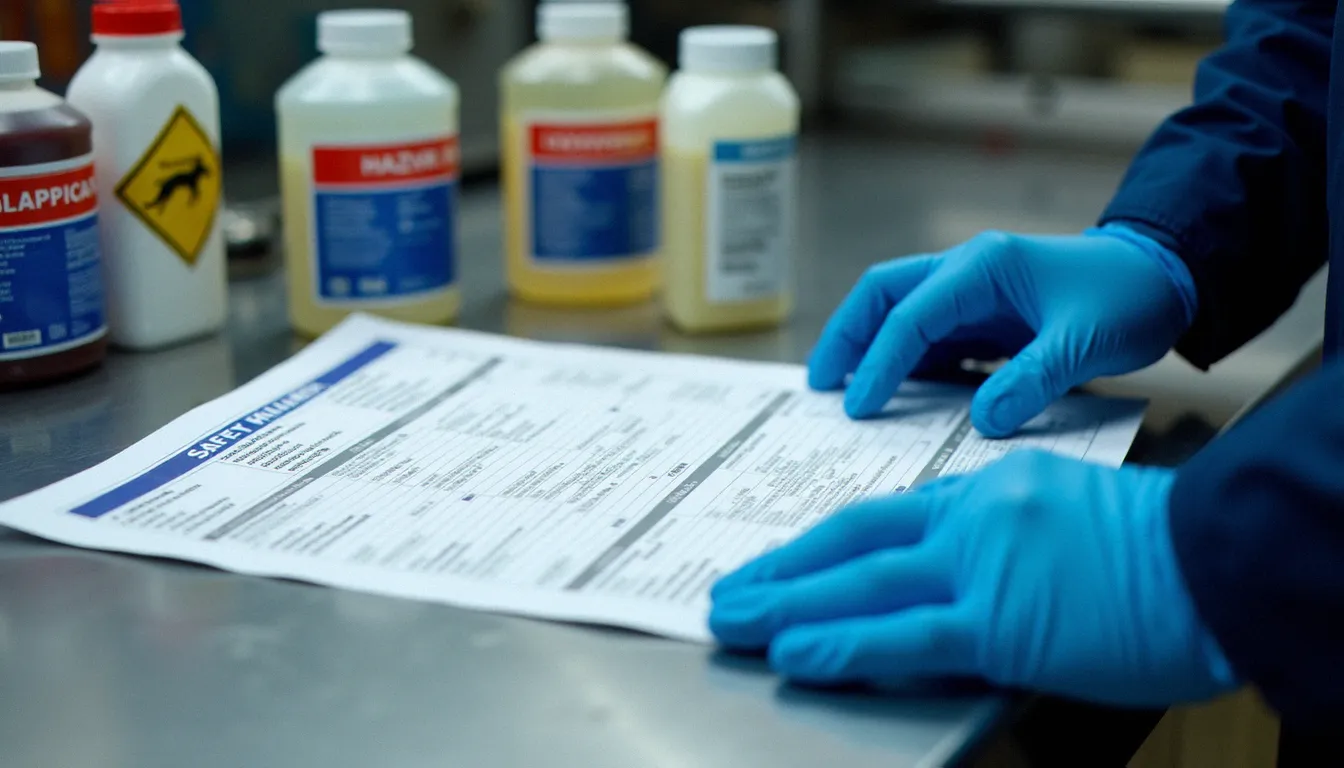 Technicien consultant une fiche de données de sécurité avant la manipulation de produits chimiques classifiés dangereux
