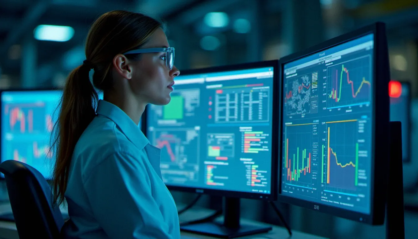 Ingénieure utilisant un logiciel de gestion numérique des matières dangereuses pour suivre les stocks et les alertes réglementaires en temps réel