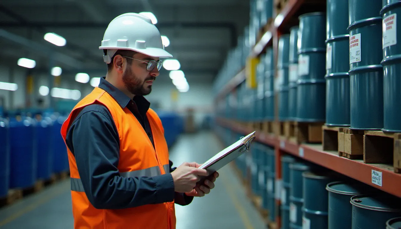 Responsable sécurité effectuant un audit de gestion des matières dangereuses dans un local de stockage industriel avec des fûts chimiques étiquetés