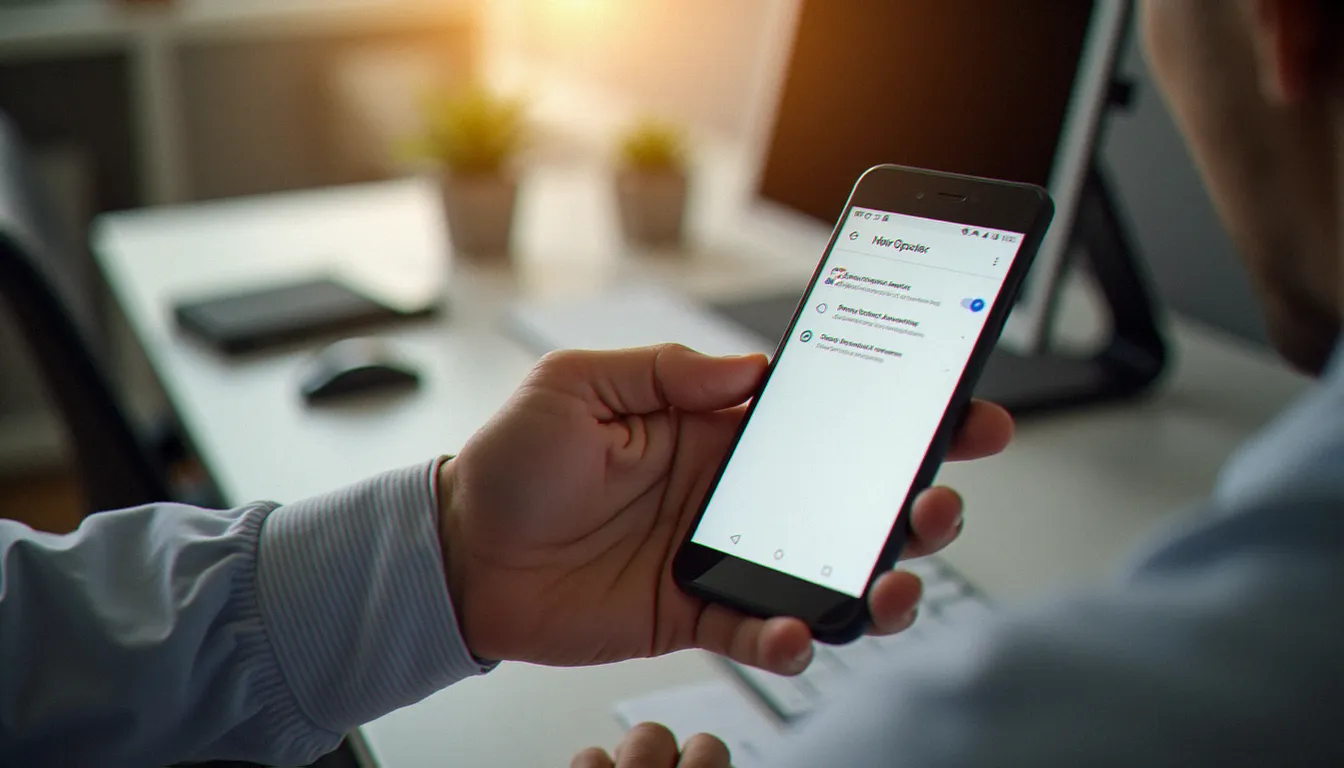 Vue par-dessus l'épaule d'un professionnel vérifiant ses paramètres de sécurité Google sur un smartphone