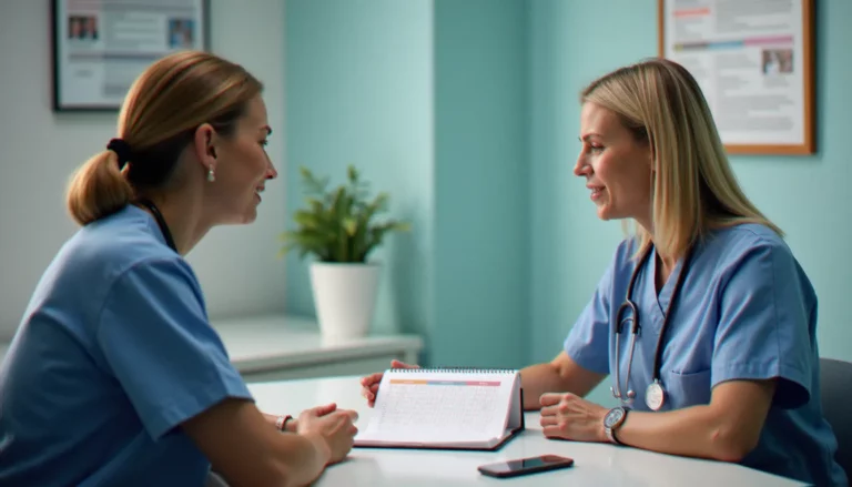 Infirmière coordinatrice en oncologie présentant un carnet de suivi des effets secondaires de l'immunothérapie à un patient lors d'une consultation structurée