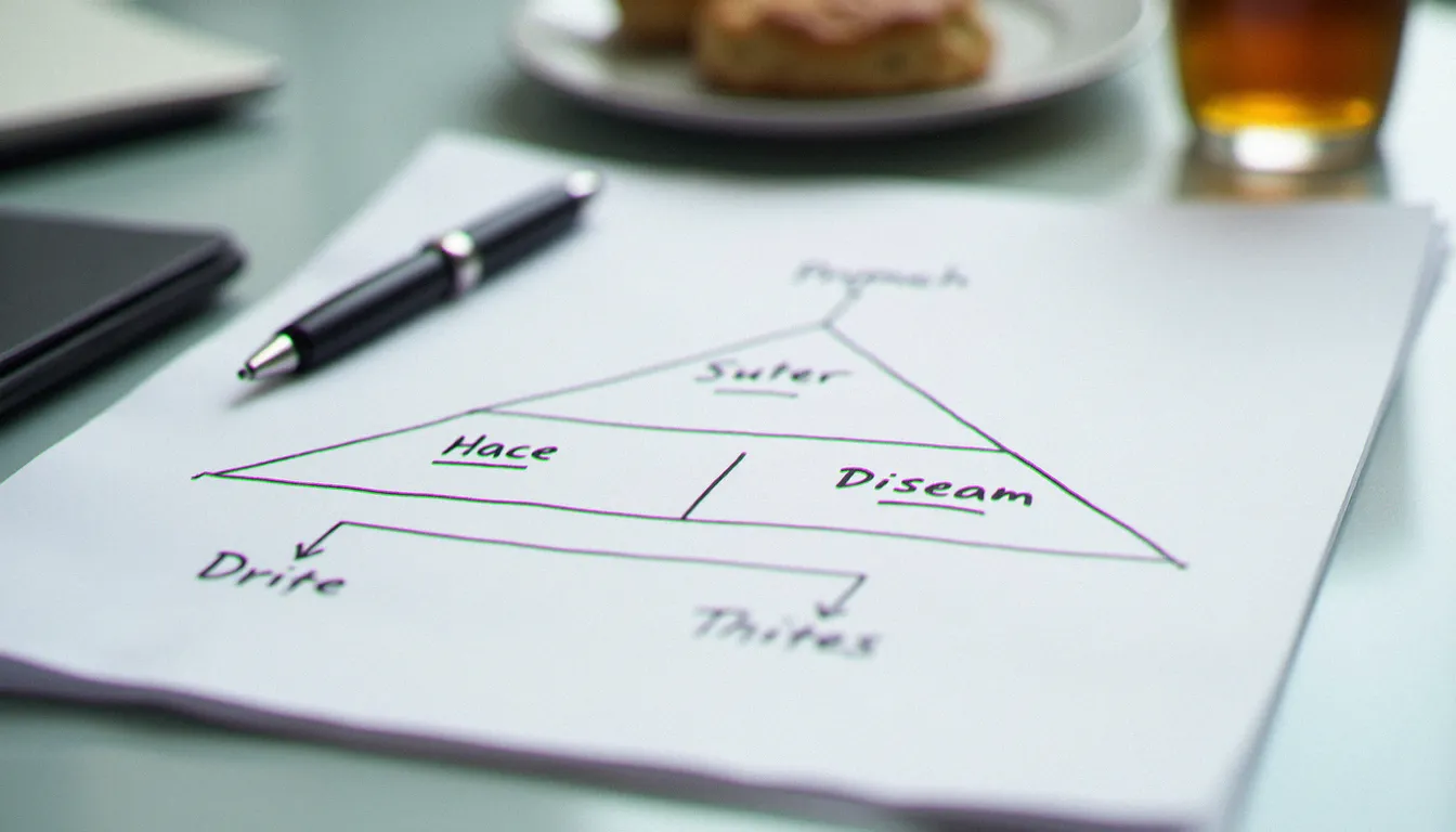 Diagramme pyramidal à trois niveaux représentant le modèle d'intervention comportementale, posé sur un bureau de consultant