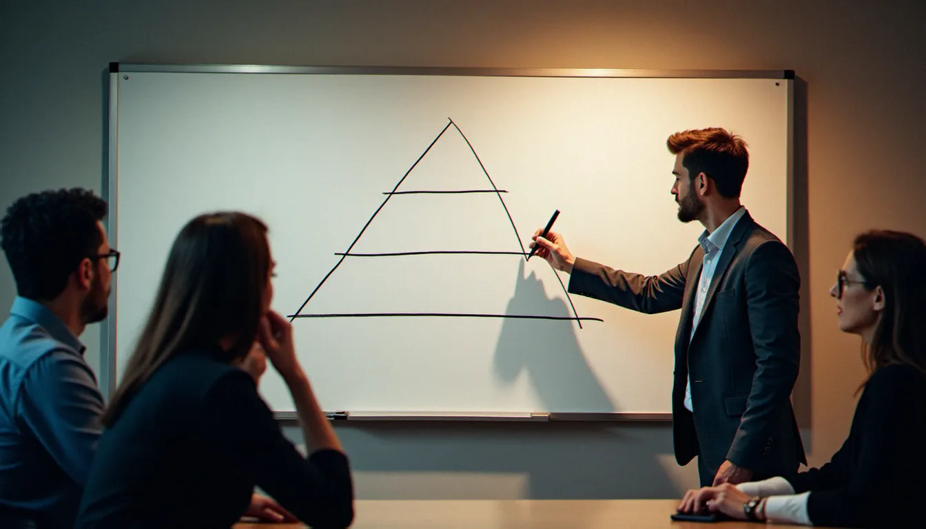 Facilitateur présentant la pyramide d'interventions comportementales à trois niveaux devant une équipe, outil central de la gestion efficace des comportements structurée
