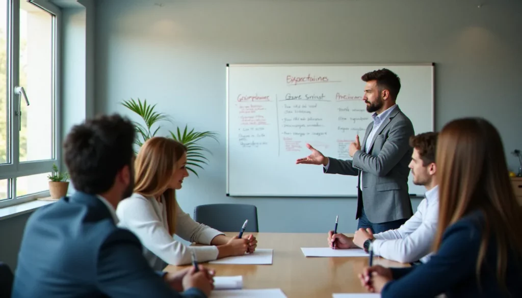 Un consultant expliquant les attentes comportementales à une équipe lors d'un atelier de gestion efficace des comportements inspiré de la méthode Steve Bissonnette