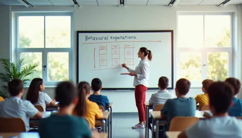 Enseignant présentant des attentes comportementales explicites au tableau dans une salle de classe structurée, illustrant la gestion efficace des comportements selon Steve Bissonnette