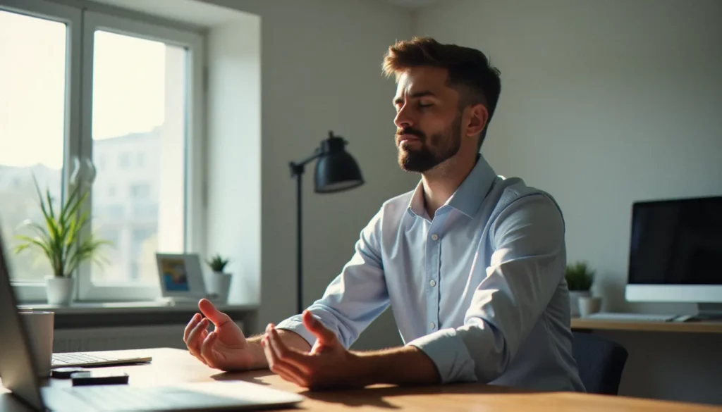 Professionnel pratiquant un exercice de respiration à son bureau pour une gestion efficace des émotions et de la pression au travail