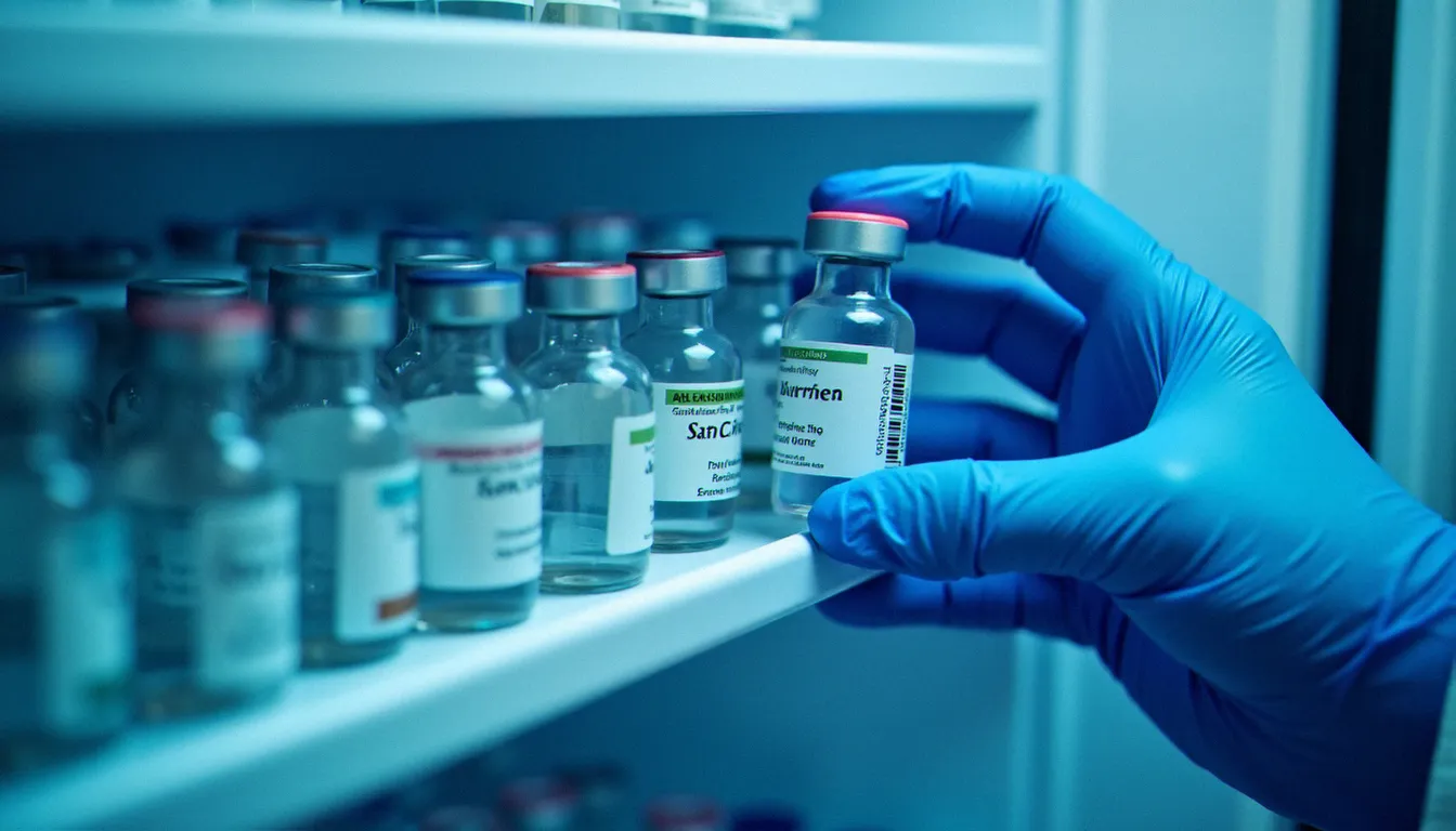 Main gantée rangeant des flacons de vaccins étiquetés selon la méthode FEFO dans un réfrigérateur vétérinaire organisé par date de péremption