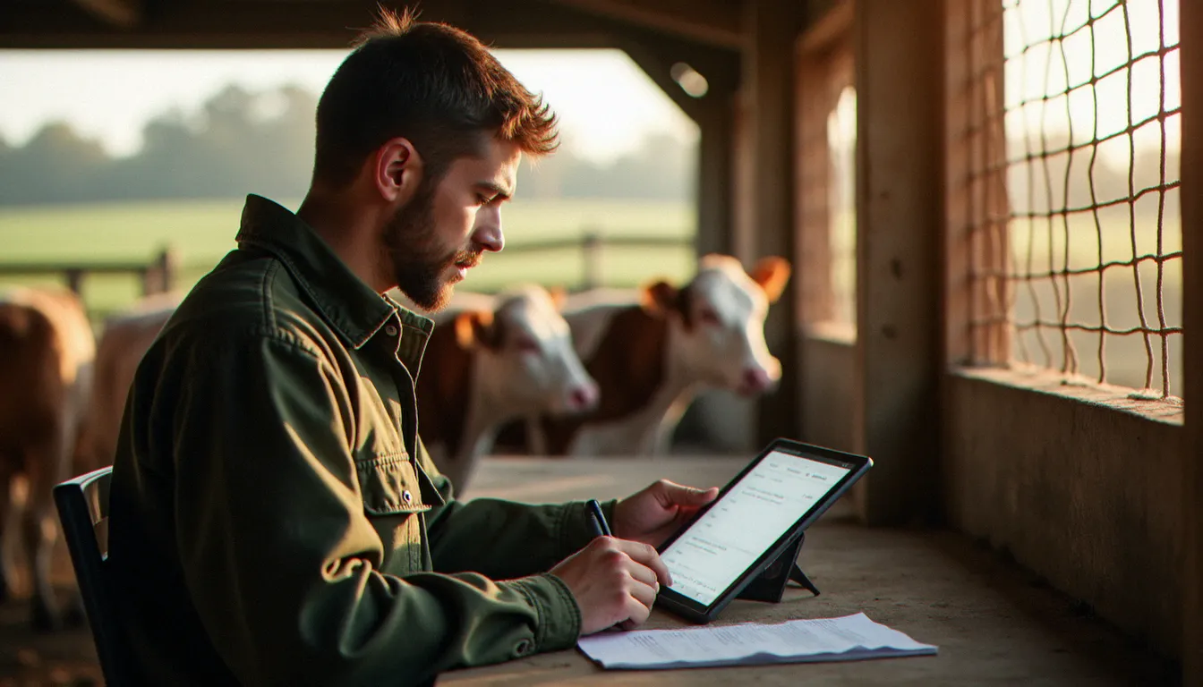 Éleveur enregistrant des données de vaccination sur une tablette dans un bureau d'exploitation agricole, avec le cheptel visible en arrière-plan