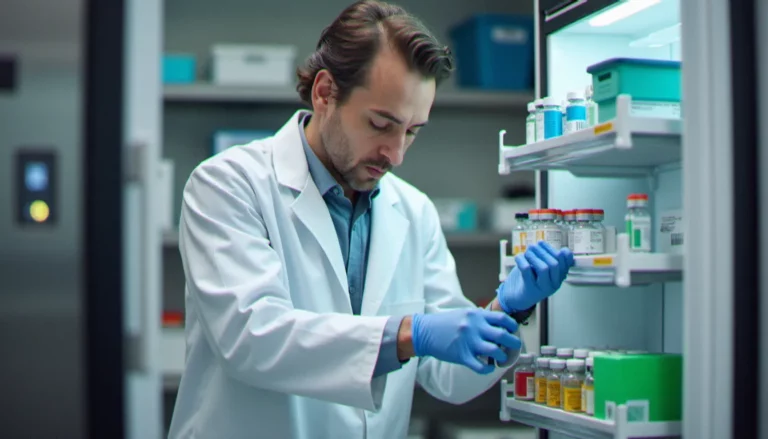 Vétérinaire organisant des flacons de vaccins dans un réfrigérateur pharmaceutique dédié, illustrant la gestion efficace des vaccins en élevage