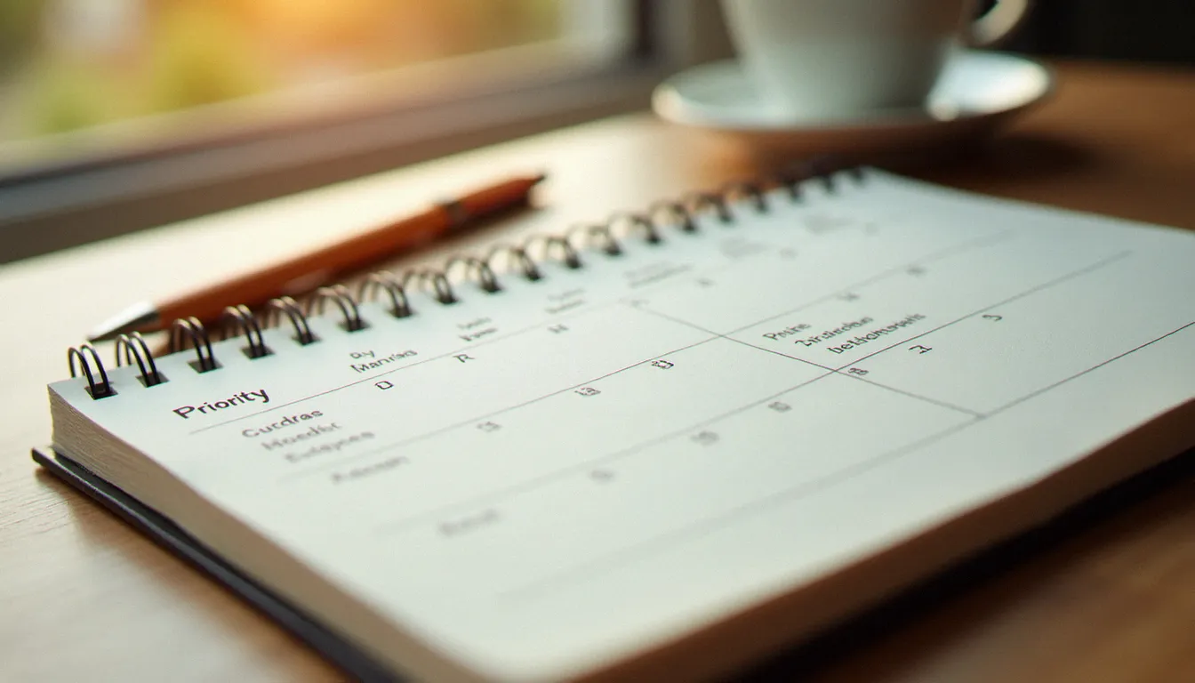 Agenda papier ouvert sur un bureau avec une liste de priorités manuscrite, représentant l'organisation structurée comme outil de gestion du stress