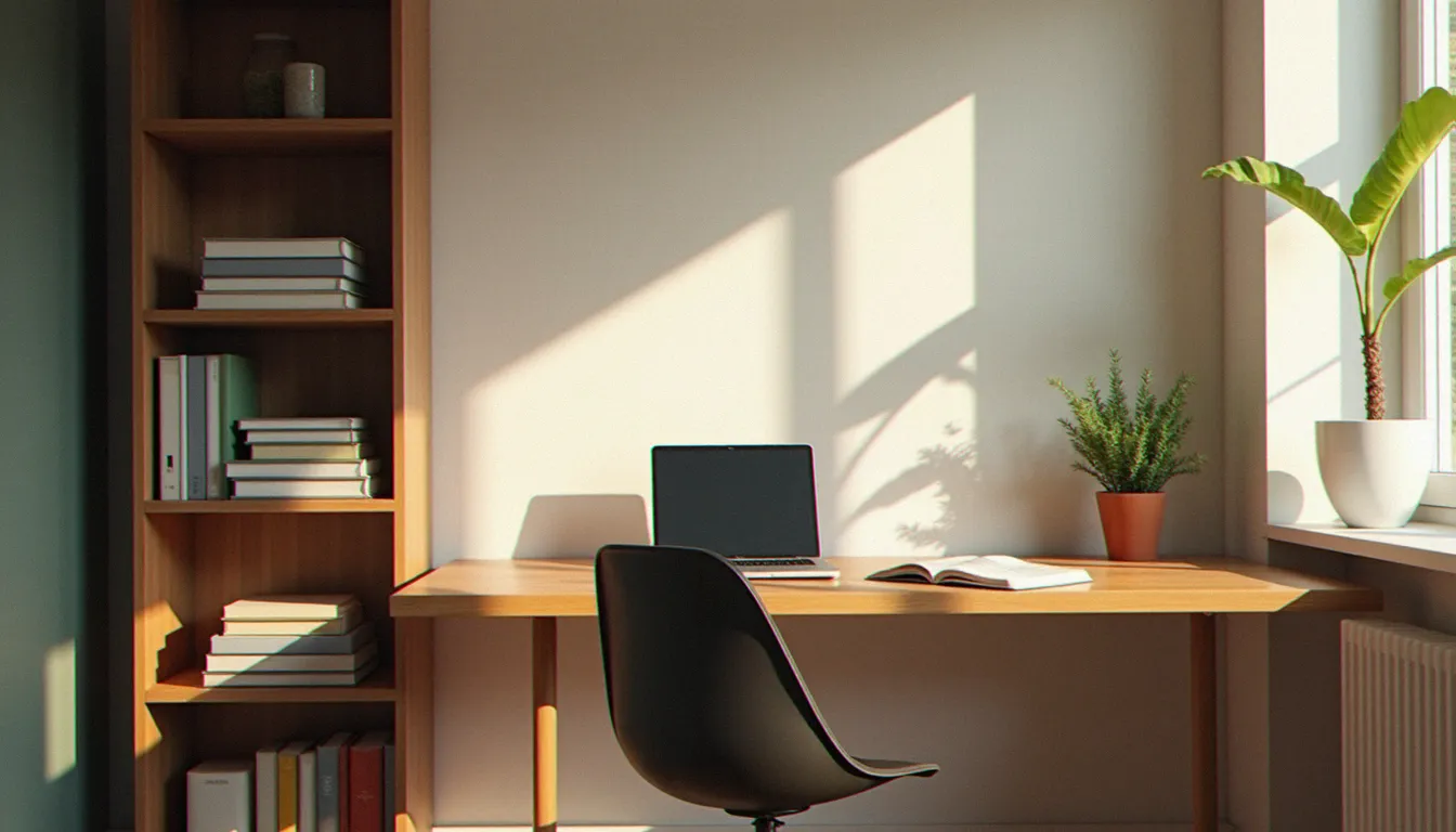 Espace de travail rangé et épuré à la lumière de fin d'après-midi, illustrant un environnement organisé propice à la réduction du stress cognitif