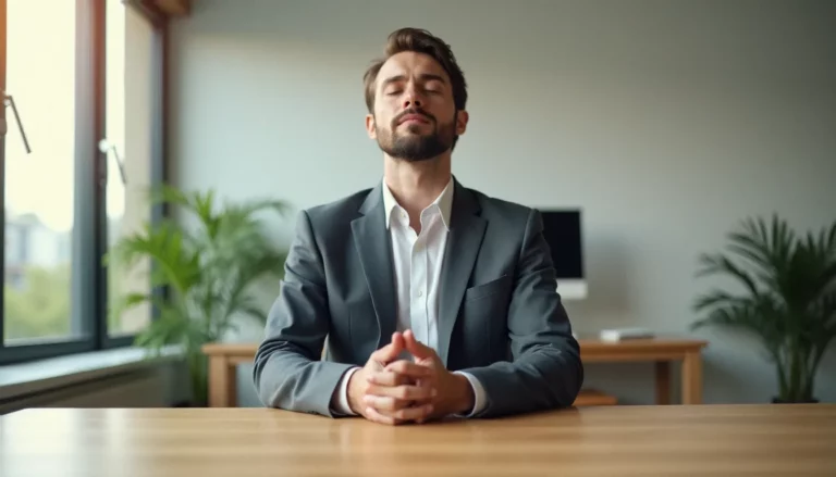 Homme en situation de gestion efficace du stress au bureau, pratiquant un exercice de respiration dans un espace de travail épuré et lumineux