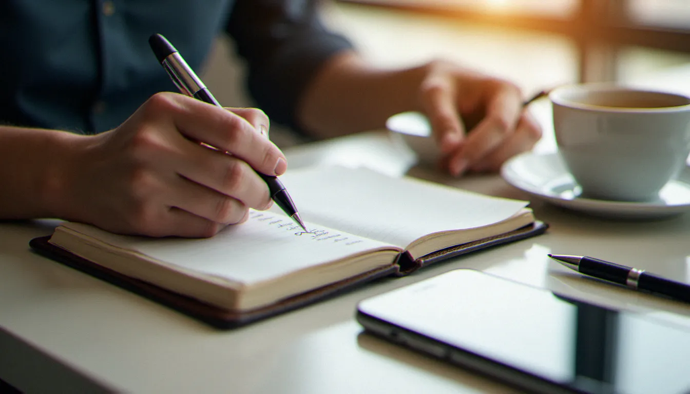 Mains d'un professionnel rédigeant une liste de tâches priorisées dans un carnet, symbolisant la méthode GTD et la capture systématique des actions