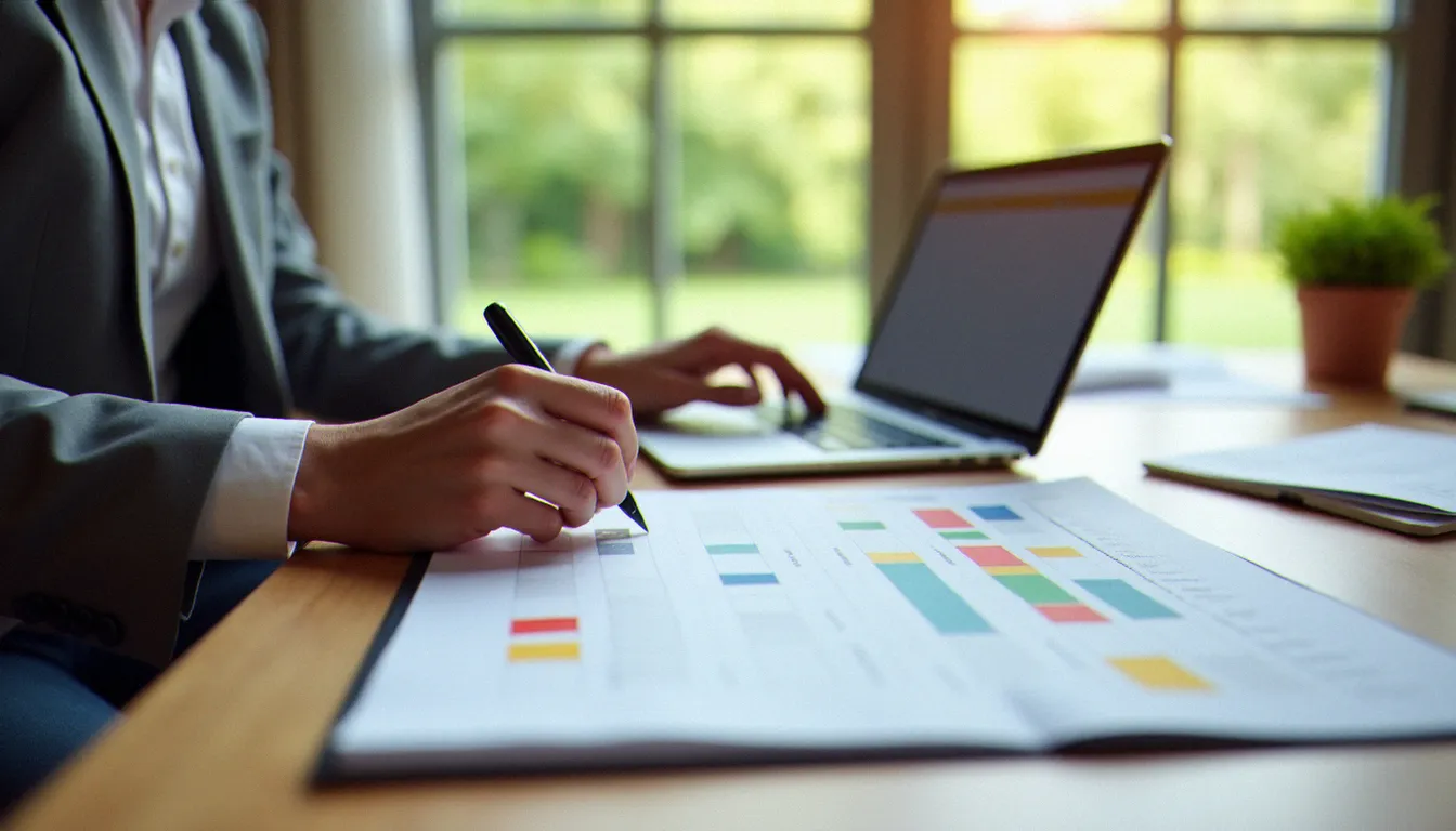 Consultant organisant un planning hebdomadaire structuré sur un bureau épuré, illustrant la gestion efficace du temps en environnement professionnel