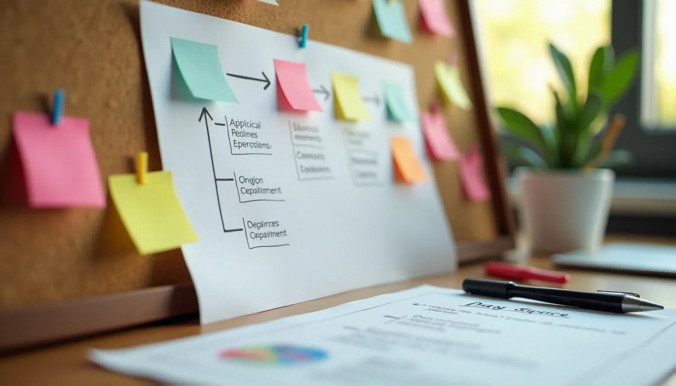 Cartographie de process sur un bureau organisé, illustrant la structuration des méthodes de gestion efficiente