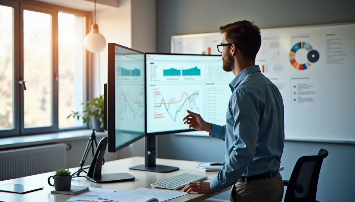 Consultant en gestion analysant un tableau de bord de performance pour mettre en place une gestion efficace et efficiente dans une entreprise