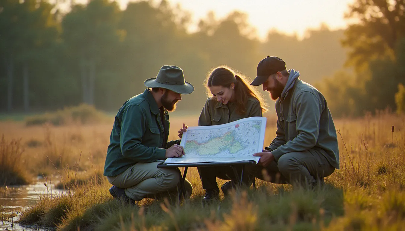 Équipe de gestionnaires d'espaces naturels sensibles consultant des cartes écologiques sur le terrain lors d'une réunion de coordination en zone humide