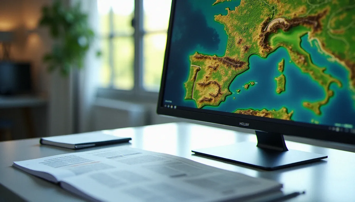 Écran d'ordinateur affichant un SIG de cartographie d'habitats pour le pilotage d'un espace naturel sensible, avec plan de gestion papier sur le bureau