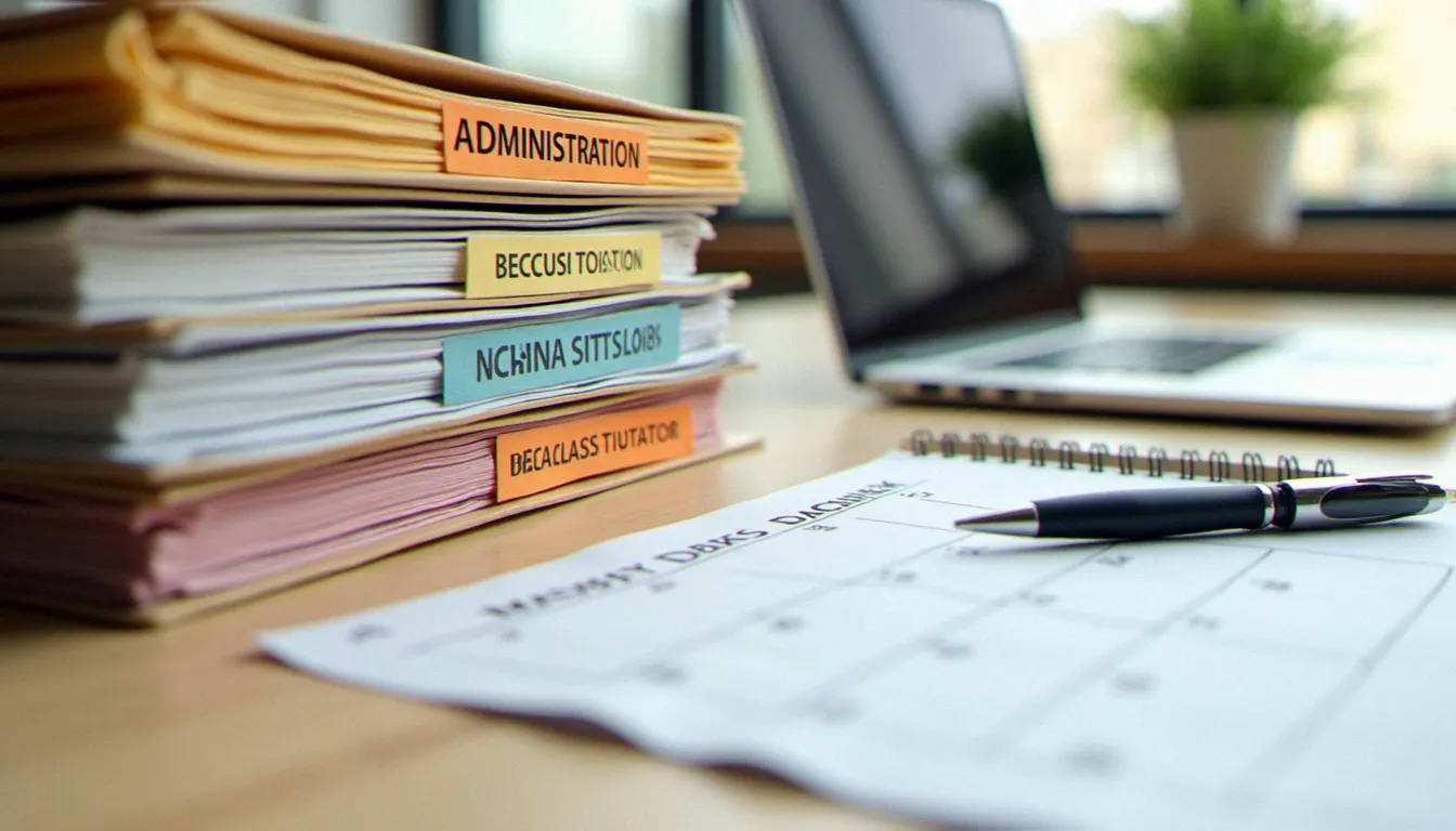 Bureau organisé avec classeurs administratifs, calendrier des échéances réglementaires et documents d'entreprise bien rangés, illustrant la structuration de la gestion administrative en France