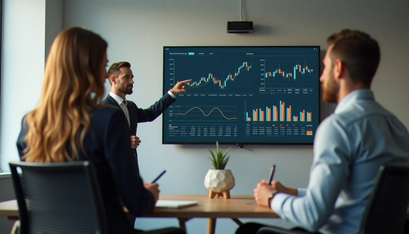 Deux collaborateurs d'une PME française analysant un tableau de bord financier avec indicateurs de trésorerie et de marge, dans une salle de réunion moderne