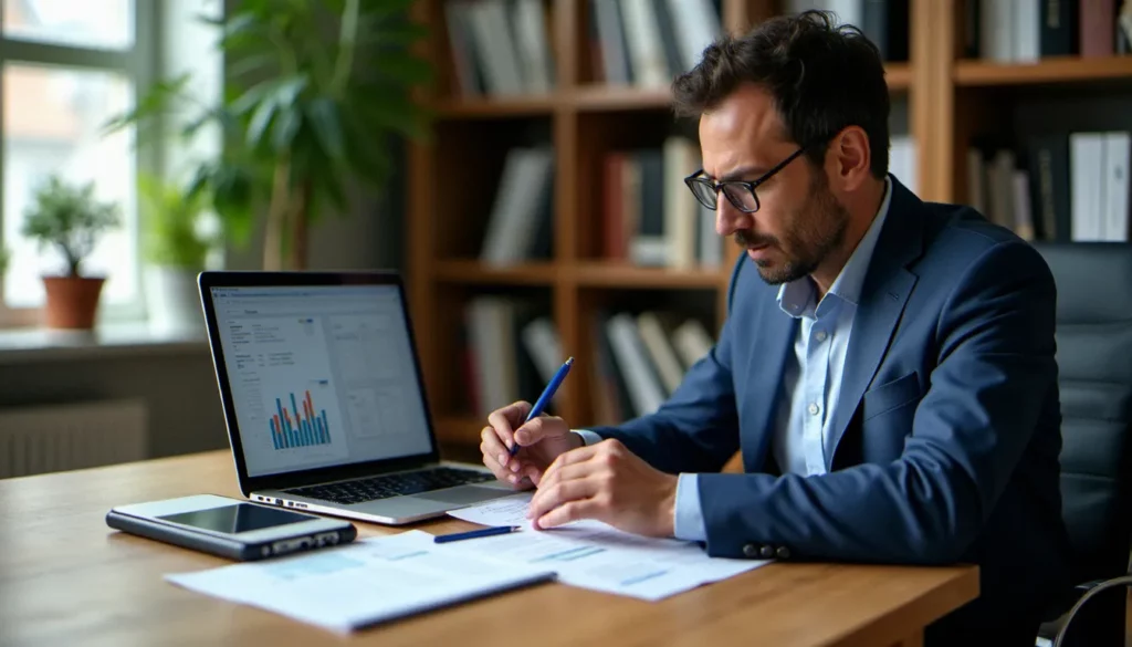 Consultant en gestion France entreprise analysant des documents administratifs pour une TPE à Cagnes-sur-Mer