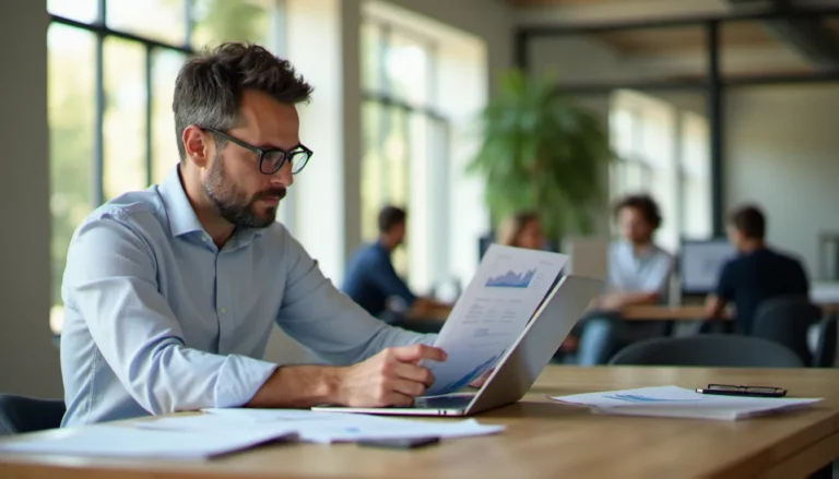 Dirigeant d'entreprise française analysant des documents de gestion et des indicateurs financiers sur un bureau moderne, illustration de la gestion france entreprise au quotidien
