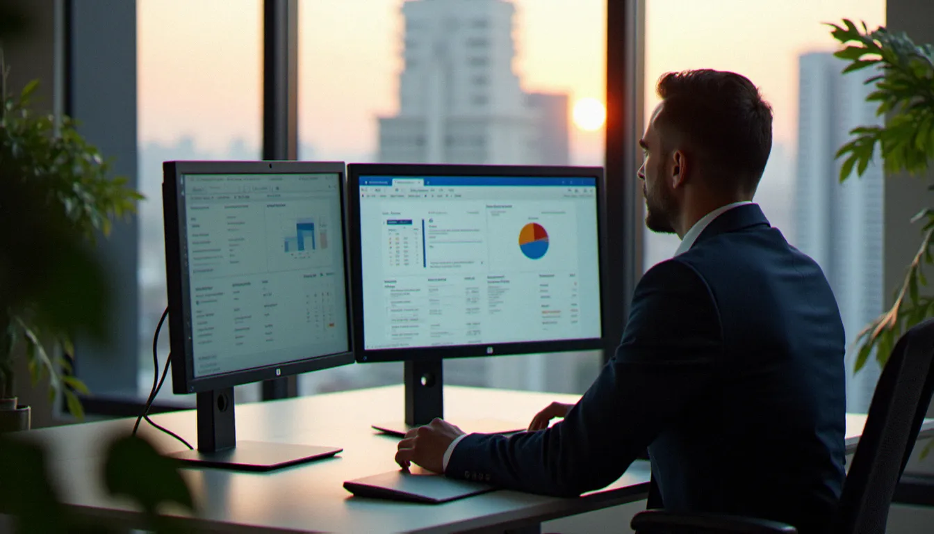 Dirigeant de PME niçoise utilisant des outils de gestion numérique sur double écran dans un bureau moderne