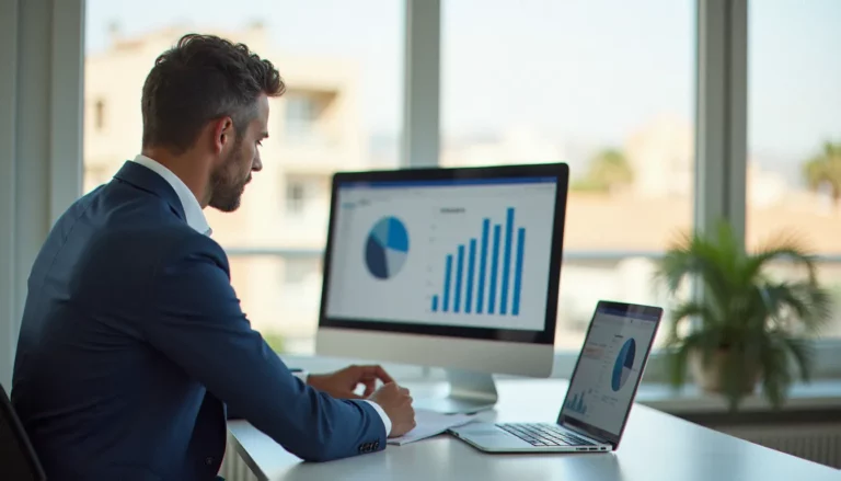 Consultant en gestion France Entreprise analysant des tableaux de bord financiers dans un bureau à Nice avec vue méditerranéenne