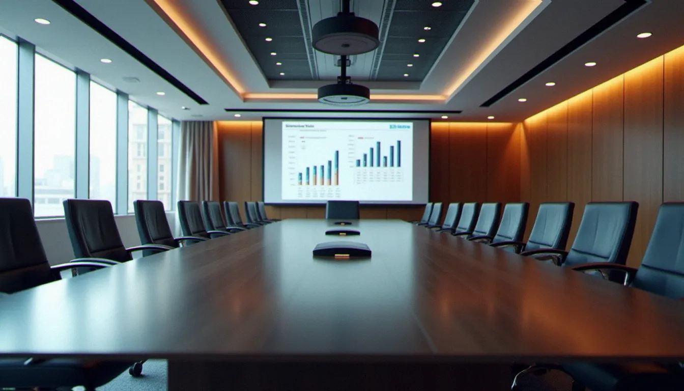 Salle de conseil d'administration d'un grand groupe médiatique, représentant la gouvernance et la structure organisationnelle de France TV
