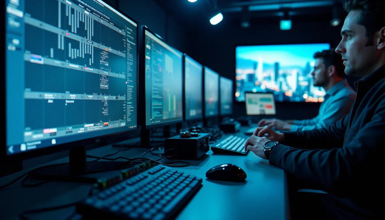 Régie de production audiovisuelle numérique illustrant la gestion des droits et des contenus pour une plateforme de streaming public