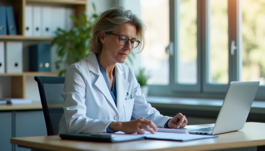 Cadre de santé consultant un guide de gestion hospitalière dans un bureau administratif d'établissement de soins