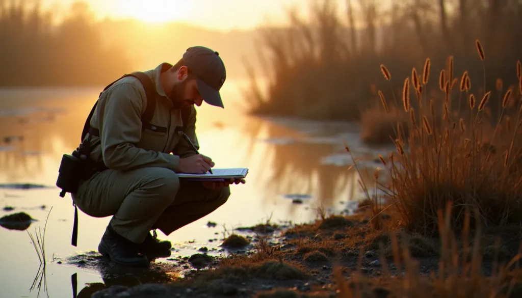 Technicien naturaliste en milieu humide réalisant un inventaire faunistique dans le cadre d'une mission de gestion du milieu naturel et de la faune