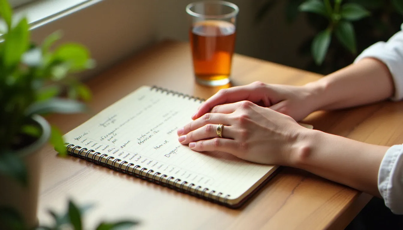 Carnet de planification journalière ouvert sur un bureau avec tisane et plante verte, illustrant la structuration du quotidien pour réduire le stress
