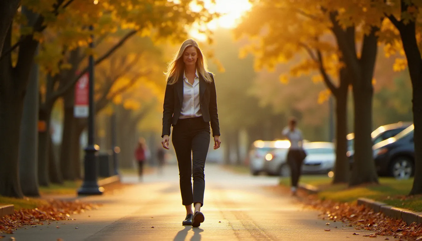 Femme active marchant en plein air pendant une pause professionnelle, pratiquant une activité physique douce dans le cadre d'une gestion naturelle du stress