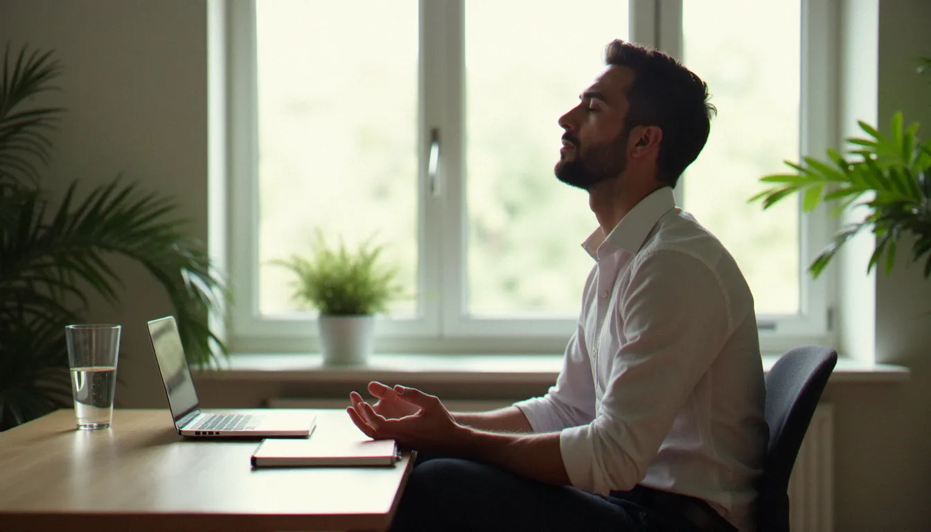 Homme en train de pratiquer la respiration consciente à son bureau pour une gestion naturelle du stress au quotidien