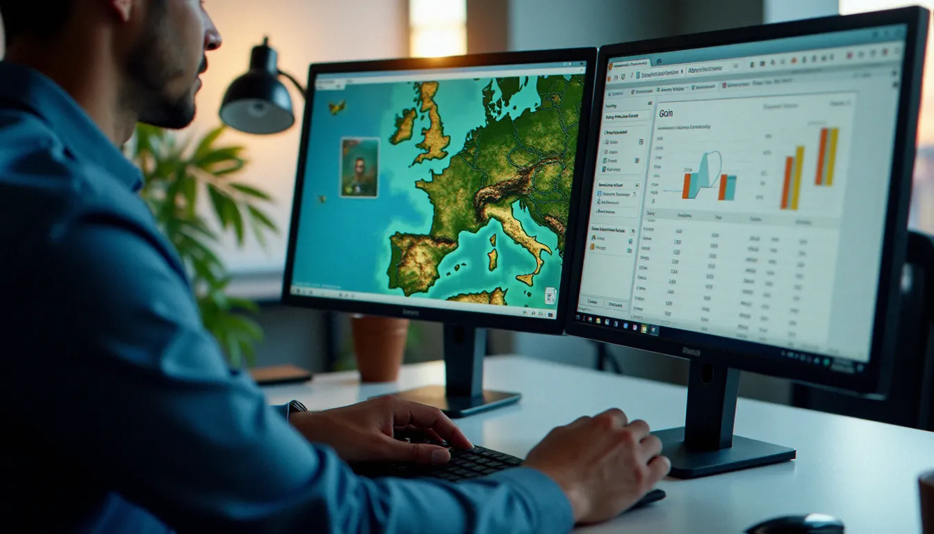 Technicien d'un parc naturel régional utilisant des outils de gestion cartographique et de pilotage financier sur ordinateur