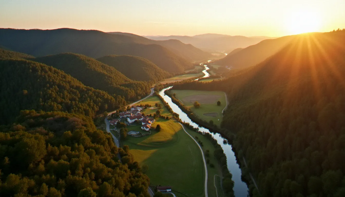 Vue aérienne d'un parc naturel régional français au coucher du soleil, illustrant la gestion d'un territoire rural préservé