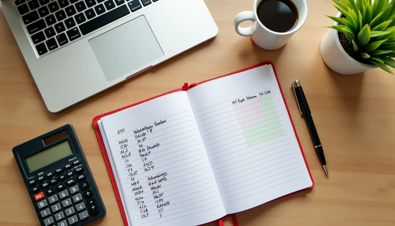 Vue de dessus d'un bureau avec cahier de catégories budgétaires manuscrites et tableur Excel ouvert sur ordinateur portable
