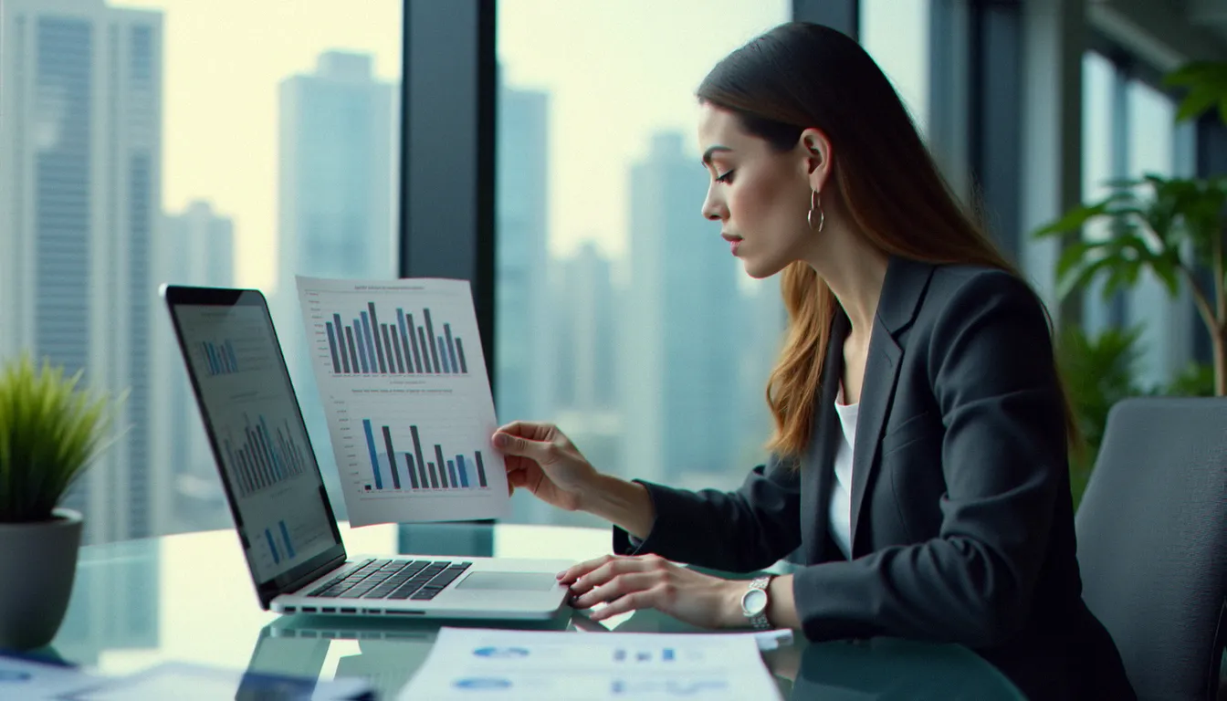 Consultante analysant des graphiques de synthèse financière mensuelle sur tableur Excel dans un bureau lumineux
