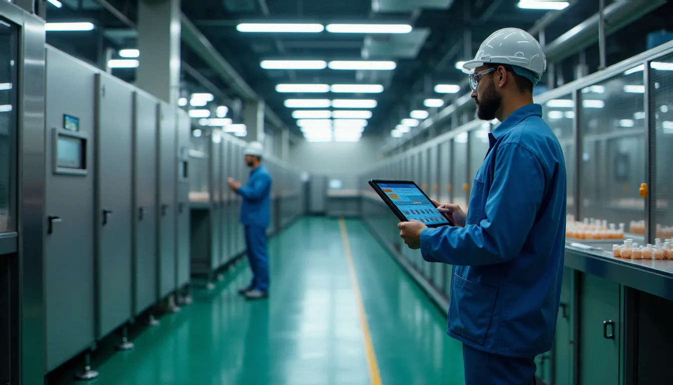 Technicien consultant les paramètres de recette active sur tablette dans un atelier de production automatisé avec armoire de contrôle Siemens visible en arrière-plan