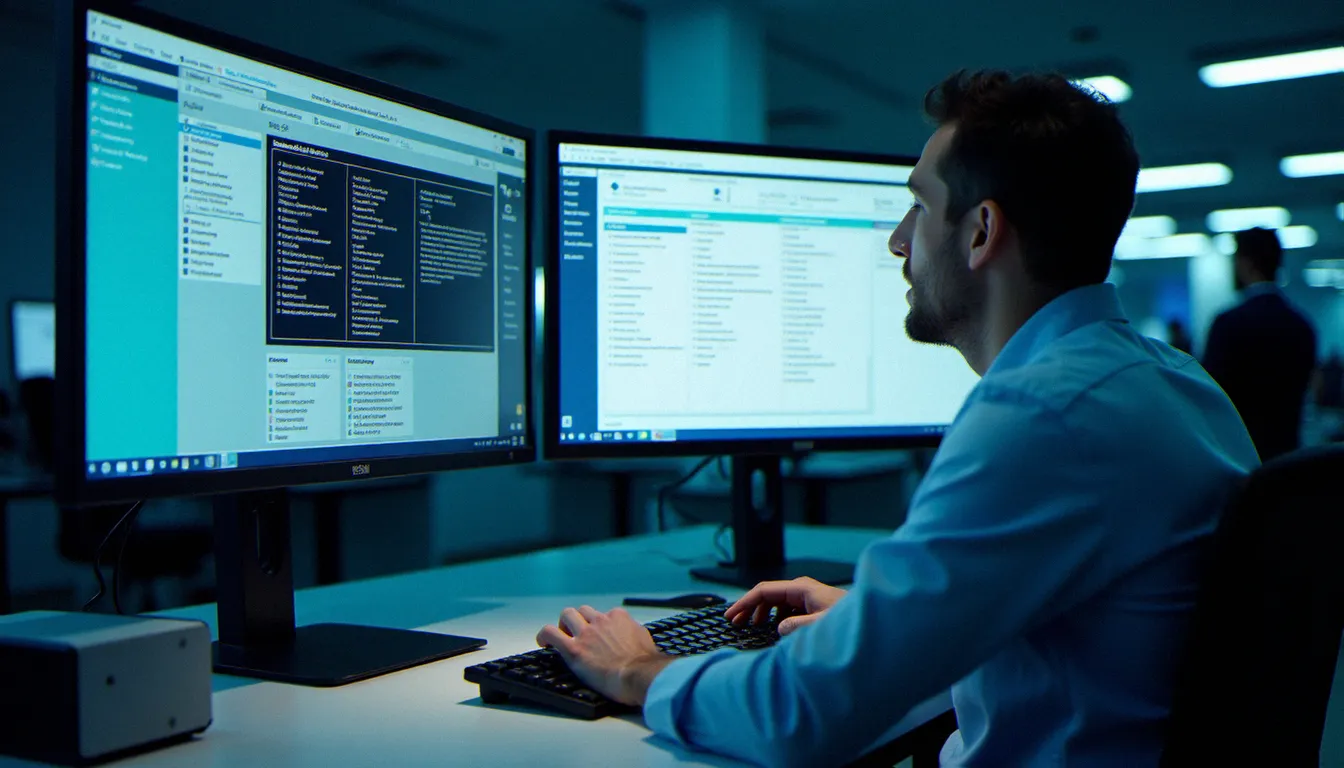 Ingénieur en automatisme configurant la gestion recette TIA Portal sur un poste de travail industriel avec interface HMI Siemens visible à l'écran