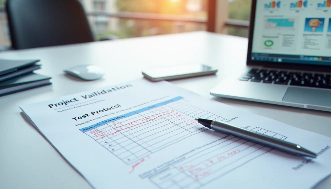 Document de protocole de recette IHM structuré avec tableau de validation et ordinateur affichant un projet d'interface homme-machine