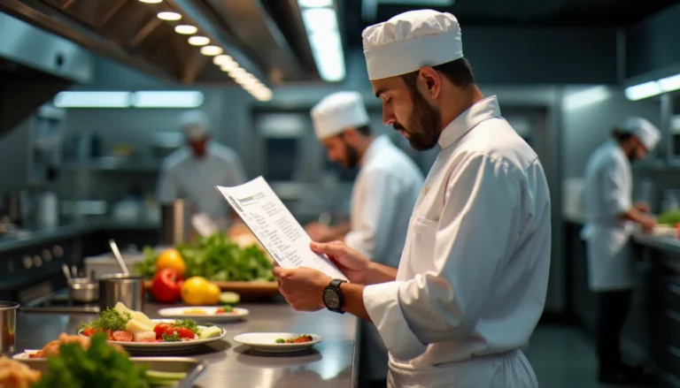 Chef consultant consultant examinant une fiche de gestion recettes de cuisine dans une cuisine professionnelle moderne