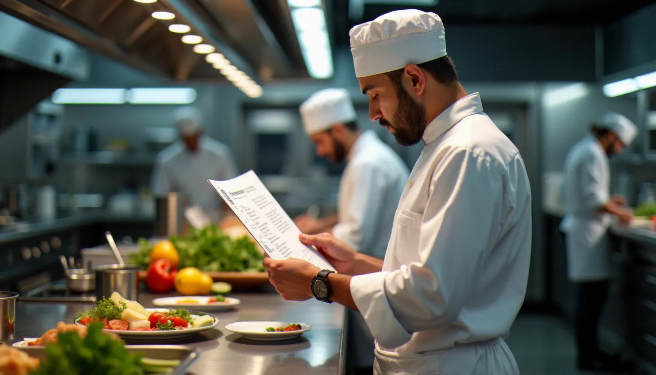 Chef consultant consultant examinant une fiche de gestion recettes de cuisine dans une cuisine professionnelle moderne