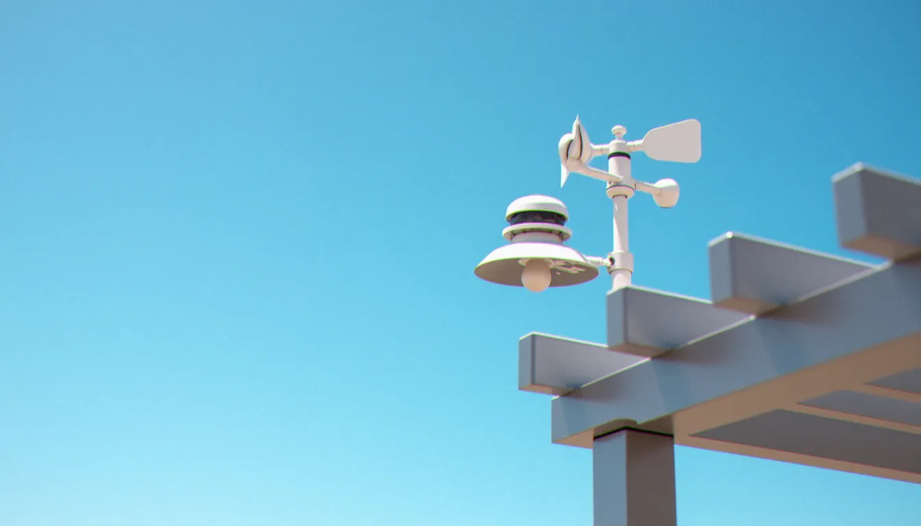 Sondes météo anémométrique et pluviométrique du système de gestion Tywell fixées sur le montant d'une pergola bioclimatique extérieure