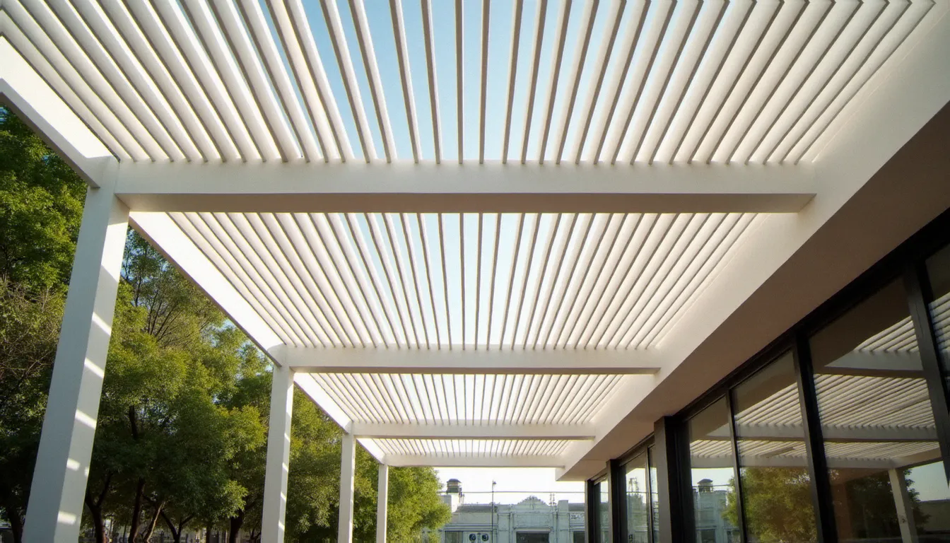 Vue intérieure d'une pergola bioclimatique avec lames en position fermée formant un toit continu, illustrant la protection thermique assurée par le gestionnaire automatique