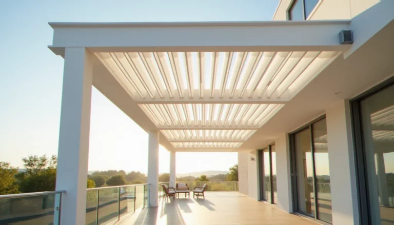 Gestionnaire bioclimatique Tywell installé sur une pergola bioclimatique à lames orientables sur terrasse professionnelle, avec lames en position intermédiaire filtrant la lumière du soleil